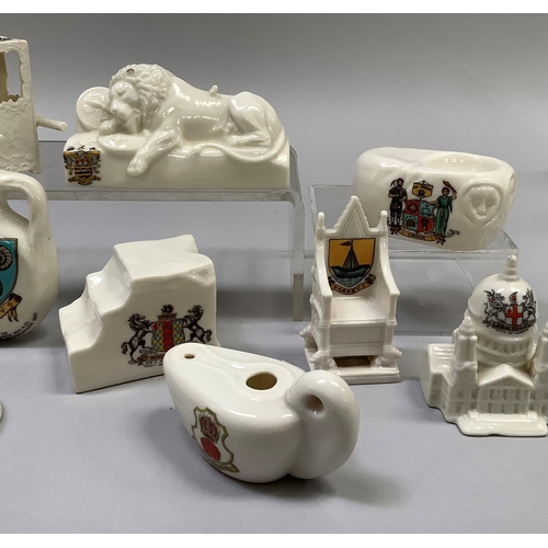 348 - W. H. Goss porcelain model of the Lion of Lucerne with Blackpool crest, model of Sedan Chair Rd. no.... 