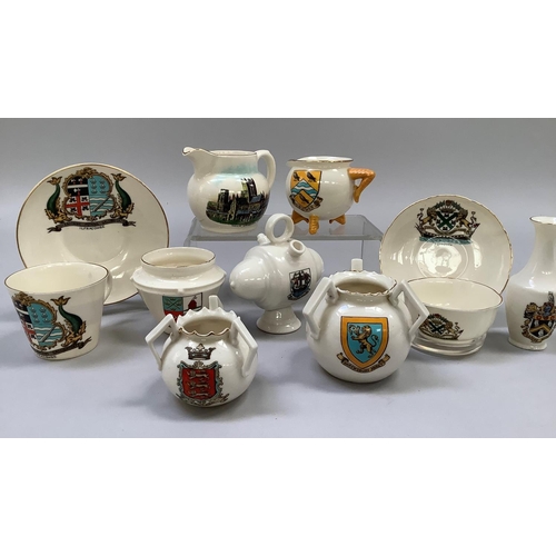 355 - A W. H. Goss three handled vase with Shrewsbury, Shrewsbury School and Abbey Crests, 8cm high, anoth... 