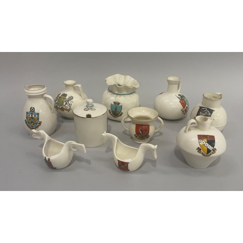 342 - A W. H. Goss porcelain model Old Welsh Milk Can with Arms of Wycombe, three models of Roman ewers wi... 