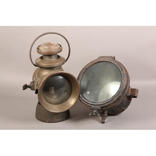 151 - A Miller military acetylene headlight with intact 17cm lens, reflector and focusing burner assembly,... 