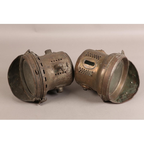 154 - A Powell and Hanmer 45 acetylene motorcycle headlight and a Miller 31H, both with intact 11cm bevell... 