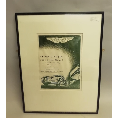 191 - Of Aston Martin Interest: 'Aston Martin wins at Le Mans!' reproduction poster printed in green on bu... 