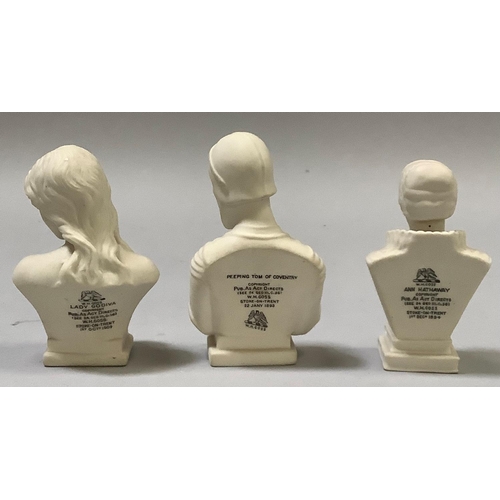 335 - Three W. H. Goss parian busts of Lady Godiva 10.5cm high; Ann Hathaway 10cm high, Peeping Tom of Cov... 