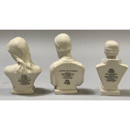 335 - Three W. H. Goss parian busts of Lady Godiva 10.5cm high; Ann Hathaway 10cm high, Peeping Tom of Cov... 