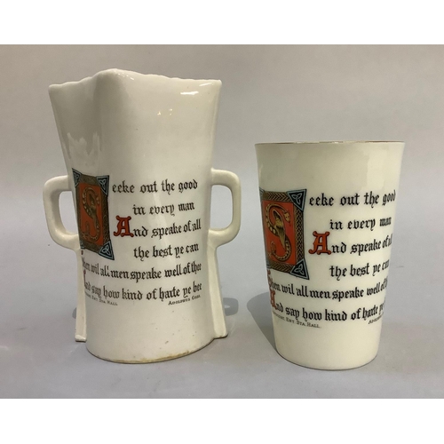 340 - A W. H. Goss porcelain beaker verse by Adolphus Goss' Seeke out the good in every man...' and Lands ... 