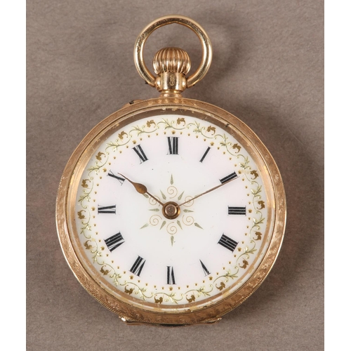 439 - AN EDWARD VII FOB WATCH in a 12ct gold open faced case, Swiss keyless jewelled lever movement, white... 