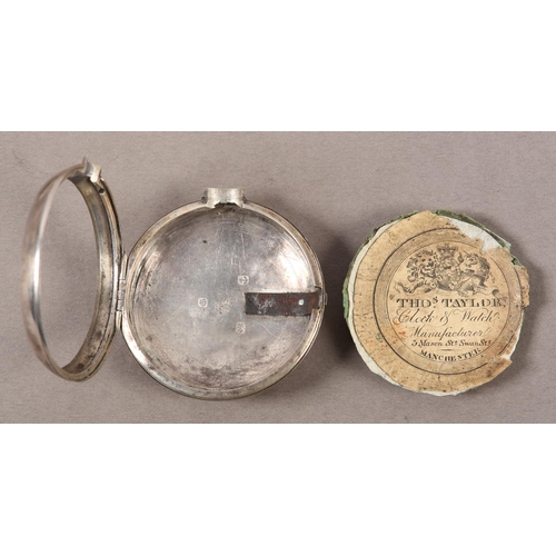 441 - A WILLIAM IV SILVER PAIR CASE POCKET WATCH by Tho's Taylor Manchester, English lever movement no. 19... 