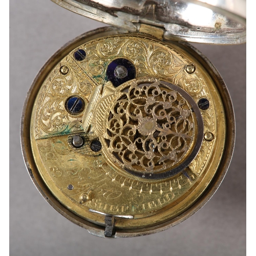 449 - A GEORGE III SILVER PAIR CASE VERGE MARRIAGE WATCH by J Bright Sheffield, fusee pinion movement A62 ... 