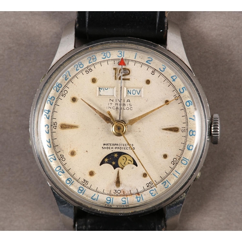 428 - A NIVIA GENTLEMAN'S DAY, DATE, MONTH AND MOON PHASE WRISTWATCH c.1945, in stainless steel case no. 9... 