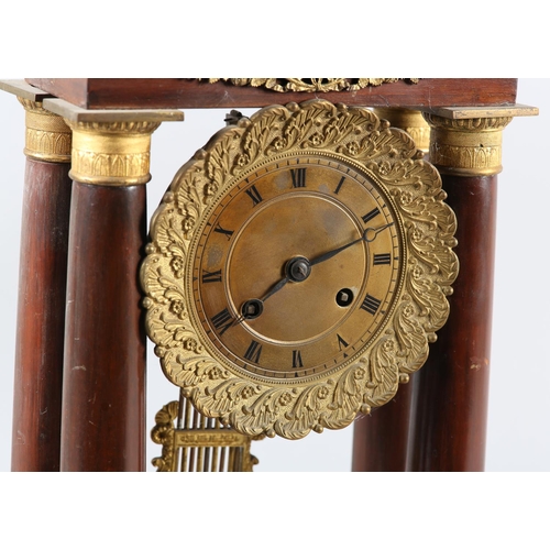 89 - A LATE 19TH CENTURY FRENCH PORTICO CLOCK, mahogany case with ormolu mounts and four pillars, brass s... 