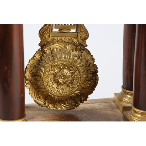 89 - A LATE 19TH CENTURY FRENCH PORTICO CLOCK, mahogany case with ormolu mounts and four pillars, brass s... 