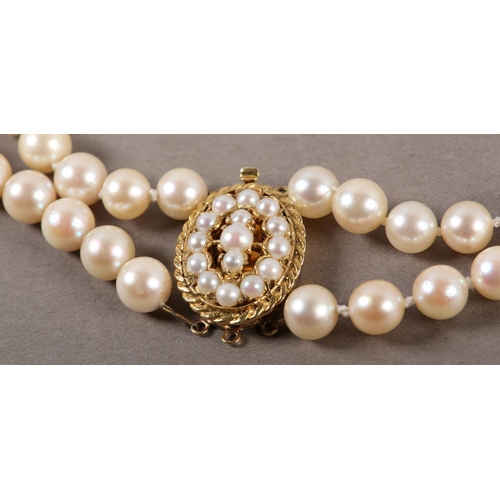 409 - CULTURED PEARL CHOKER NECKLACE in two strands of approximately 7mm pearls fastened with a 9ct gold t... 