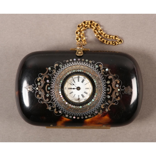 413 - A 19TH CENTURY TORTOISESHELL PURSE, the cushion case set to the front with a small white enamel dial... 