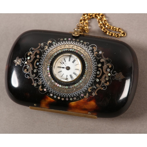 413 - A 19TH CENTURY TORTOISESHELL PURSE, the cushion case set to the front with a small white enamel dial... 