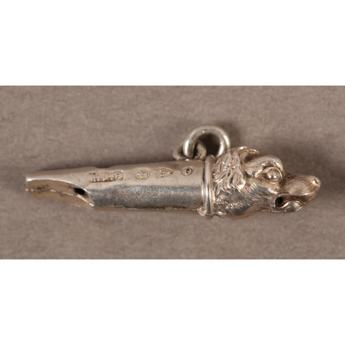 414 - A VICTORIAN SILVER DOG WHISTLE CHARM, by William John Pellow, Chester 1897