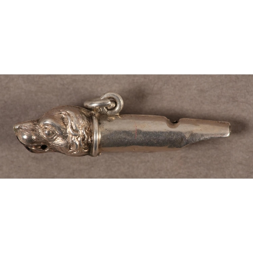 414 - A VICTORIAN SILVER DOG WHISTLE CHARM, by William John Pellow, Chester 1897