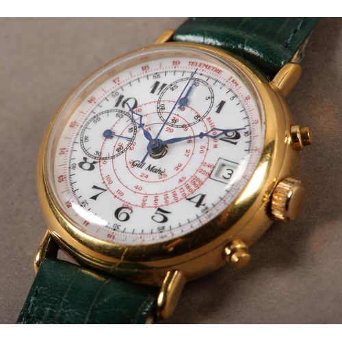 419 - A GILL MAHE GENTLEMAN'S MANUAL DATE CHRONOGRPH WRISTWATCH in rolled gold balloon case, frosted gilt ... 