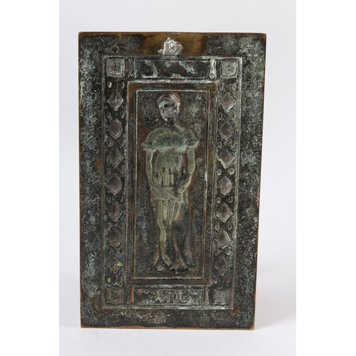 33 - AN ARTS AND CRAFTS BRASS PLAQUE, rectangular, embossed with full portrait of a female singer above t... 