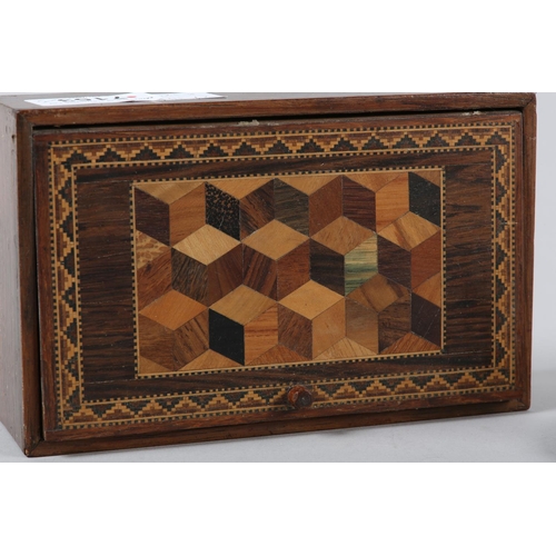 53 - A VICTORIAN ROSEWOOD TUNBRIDGE WARE BOX, rectangular, the lid inlaid with perspective cube panel wit... 