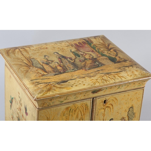 78 - AN EARLY 20TH CENTURY CREAM LACQUERED CHINOISERIE CABINET CHEST, the lid, doors and panels painted w... 