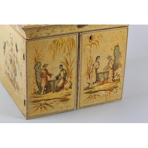 78 - AN EARLY 20TH CENTURY CREAM LACQUERED CHINOISERIE CABINET CHEST, the lid, doors and panels painted w... 