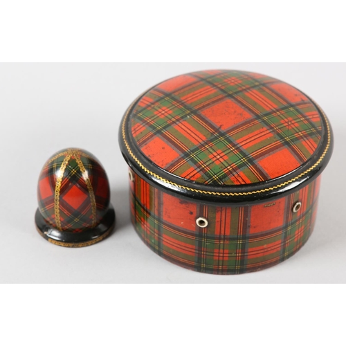 58 - A VICTORIAN TARTAN WARE (STURT) DRUM THREAD BOX, fitted with seven wooden bobbins each on a peg, 10c... 