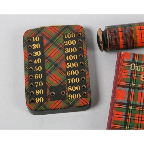 63 - A VICTORIAN TARTAN WARE SCORE BOARD WITH TWO BONE PEGS 7.25cm x 5cm, two books, Our Native Songs (Pr... 