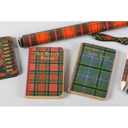 63 - A VICTORIAN TARTAN WARE SCORE BOARD WITH TWO BONE PEGS 7.25cm x 5cm, two books, Our Native Songs (Pr... 