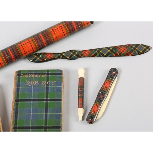 63 - A VICTORIAN TARTAN WARE SCORE BOARD WITH TWO BONE PEGS 7.25cm x 5cm, two books, Our Native Songs (Pr... 