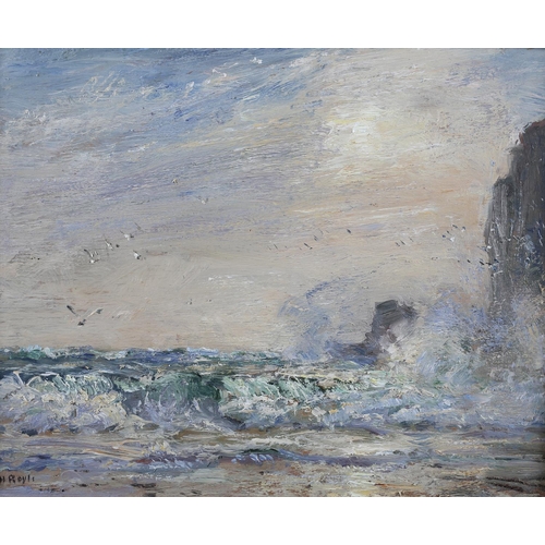 456 - ARR HERBERT F ROYLE (1870-1958), waves breaking over the rocks, coastal seascape, oil on board, sign... 