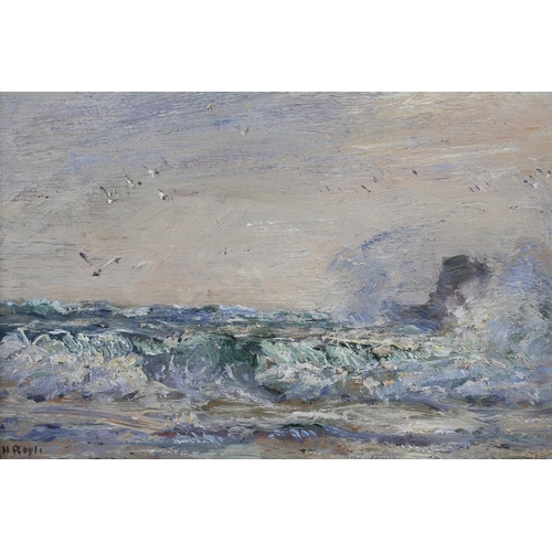 456 - ARR HERBERT F ROYLE (1870-1958), waves breaking over the rocks, coastal seascape, oil on board, sign... 