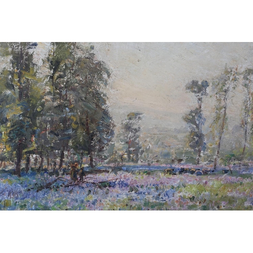 457 - ARR HERBERT F ROYLE (1870-1958), The Bluebell Woods, gathering kindling, oil on canvas, signed to lo... 