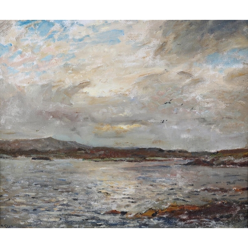 458 - ARR HERBERT F ROYLE (1870-1958), Loch Leosavay, North Harris, rain cloud gathering, oil on board, si... 