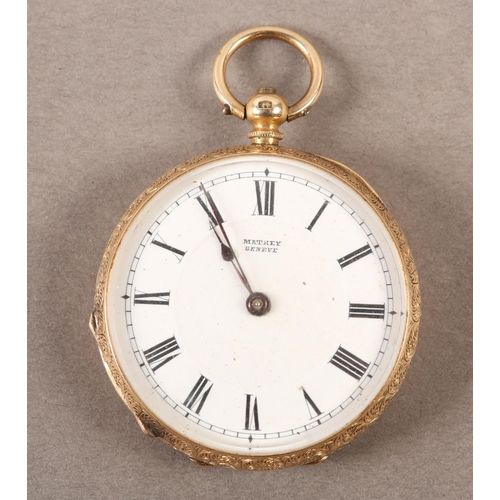 445 - A LATE 19TH CENTURY POCKET WATCH in 18ct gold open faced case by Mathey Geneve, cylinder movement, w... 