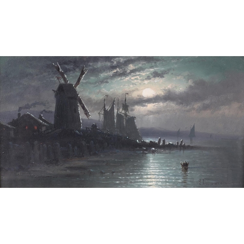 464 - LOUIS ETIENNE TIMMERMANS (Belgium 1846-1910), Dutch coastal village under moonlight, oil on board, s... 