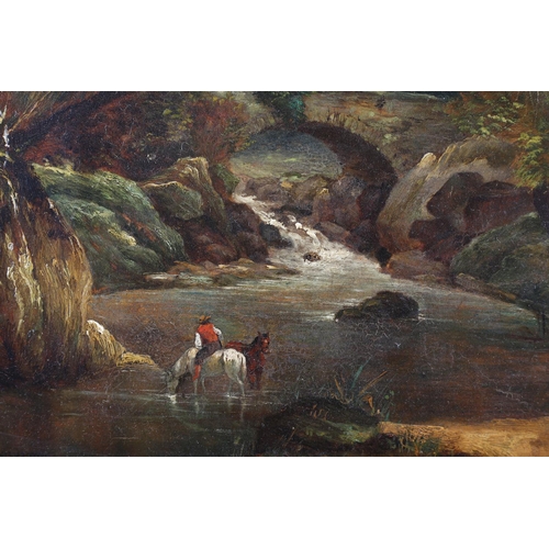 466 - C or G RICHARDSON (19th century), River valley and bridge with rider and horses watering, oil on mah... 