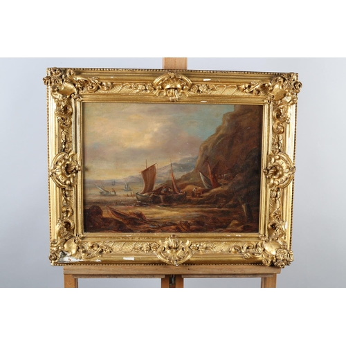 467 - 19TH CENTURY BRITISH SCHOOL, Coastal landscape with fishing boats and figures at low tide, oil on ca... 