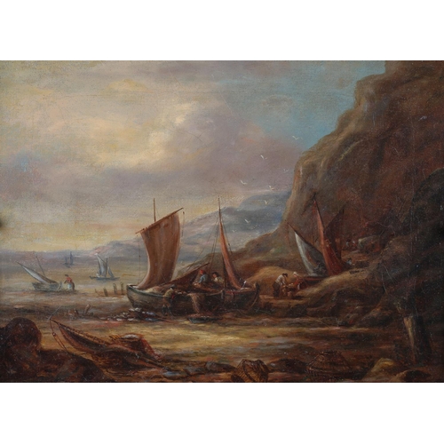 467 - 19TH CENTURY BRITISH SCHOOL, Coastal landscape with fishing boats and figures at low tide, oil on ca... 