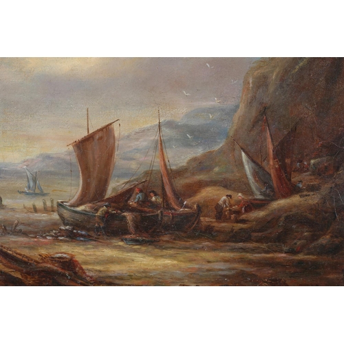 467 - 19TH CENTURY BRITISH SCHOOL, Coastal landscape with fishing boats and figures at low tide, oil on ca... 