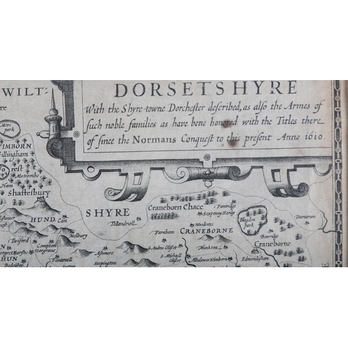 73 - JOHN SPEED DORSETSHYRE, c.1610, engraved map, double page, with the Shyre-town of Dorchester, 38.5cm... 