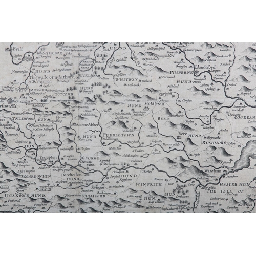 73 - JOHN SPEED DORSETSHYRE, c.1610, engraved map, double page, with the Shyre-town of Dorchester, 38.5cm... 