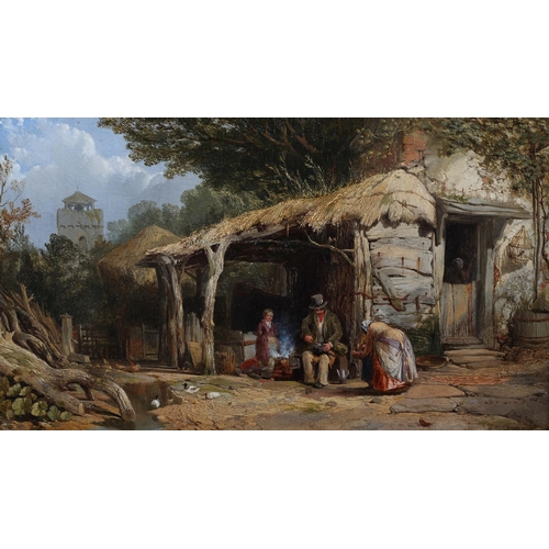 469 - WILLIAM E JONES (Act. 1849-1877) The Tin Smith, cottage yard with mother and children watching as a ... 