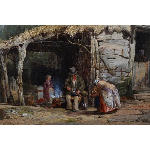 469 - WILLIAM E JONES (Act. 1849-1877) The Tin Smith, cottage yard with mother and children watching as a ... 