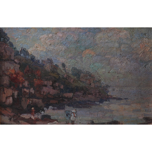 459 - E VAN WAEYENBERGE, early 20th century, Ladye Bay, Somerset, coastal landscape with figures, oil on b... 