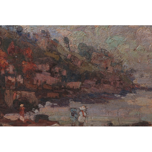 459 - E VAN WAEYENBERGE, early 20th century, Ladye Bay, Somerset, coastal landscape with figures, oil on b... 