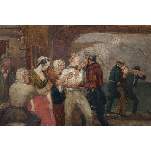 461 - MID 19TH CENTURY BRITISH SCHOOL, The Press Gang, villager resisting the Press Gang as womenfolk look... 