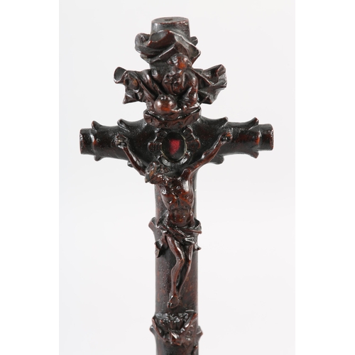 115 - AN 18TH CENTURY GERMAN CARVED BOXWOOD CRUCIFIX, the figure of Christ applied, with the figure of God... 