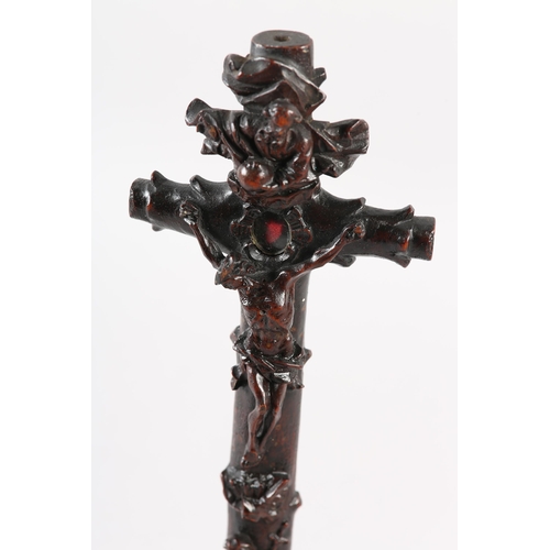 115 - AN 18TH CENTURY GERMAN CARVED BOXWOOD CRUCIFIX, the figure of Christ applied, with the figure of God... 