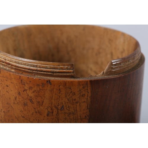 102 - A 19TH CENTURY LIGNUM VITAE turned string box of drum form, 13.5cm diameter x 16cm high