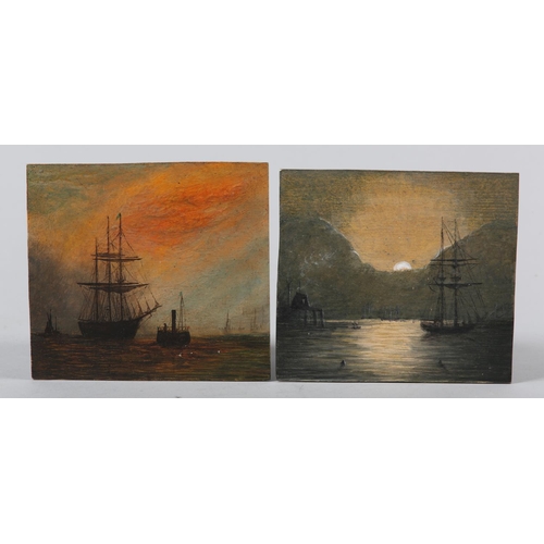 462 - 19TH CENTURY BRITISH SCHOOL, shipping off the coast at sunset and in moonlight, a pair, oil on board... 